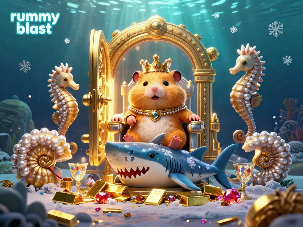 Engage with the vibrant rummy blast world featuring a golden hamster king surrounded by treasures and royal guards.