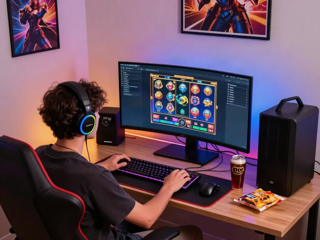Player enjoying slot online games in a vibrant home gaming setup.
