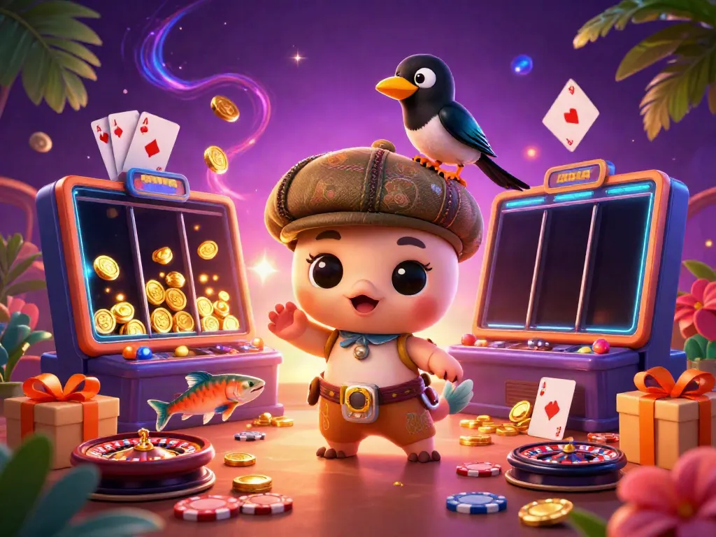 Raih dewa jackpot dengan bermain slot dalam gambar penuh warna yang menunjukkan karakter ceria dan elemen kasino.