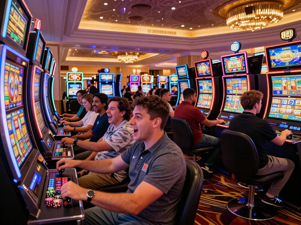 Players at A80 slot information platform enjoying vibrant casino atmosphere with colorful machines.