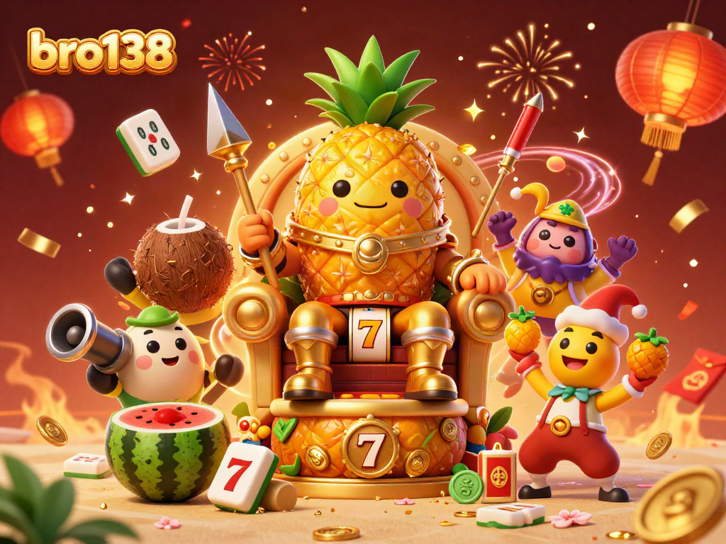 Join the fun at bro138 with a vibrant casino scene featuring a pineapple king and engaging game elements.