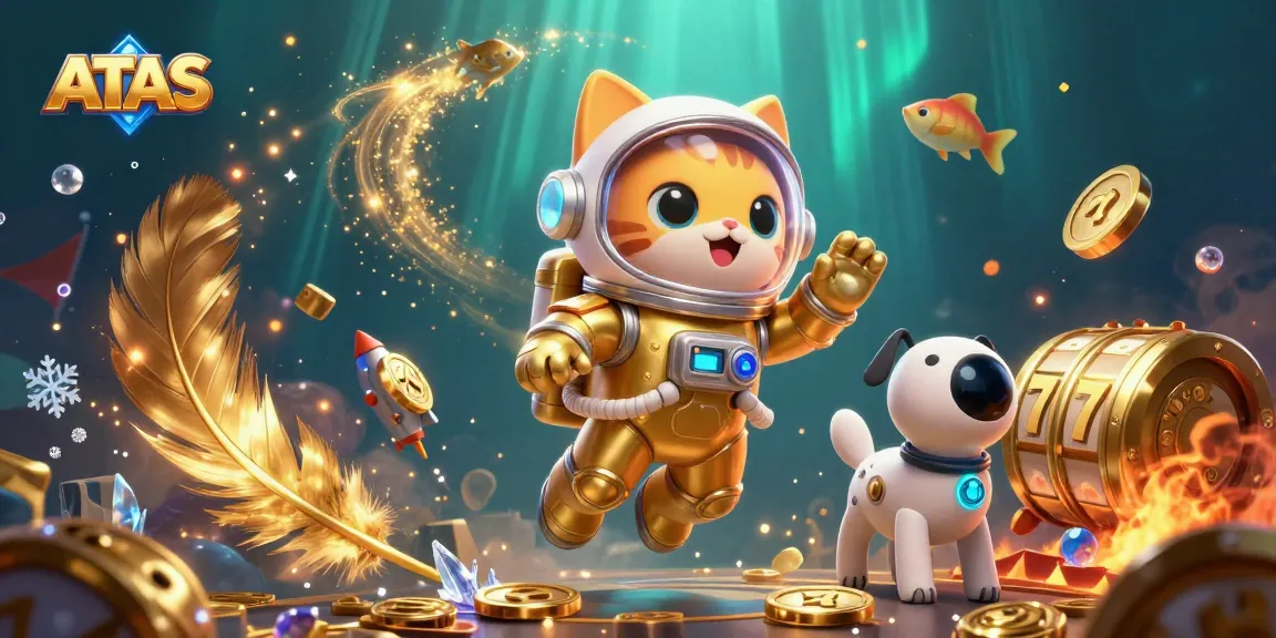 ATAS casino slot adventure with a space astronaut cat and robot dog in a vibrant, dynamic scene.