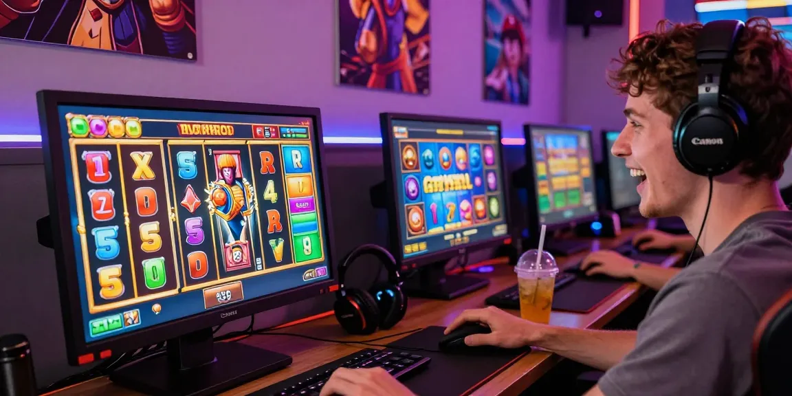Engaged player spinning SLOT ONLINE reels in a modern gaming setup.