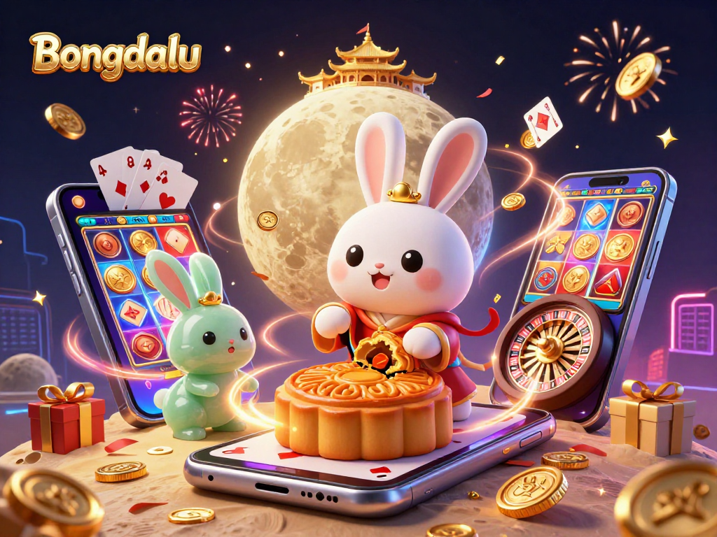 Bongdalu showcases a vibrant 3D casino scene with a moon rabbit revealing poker chips, surrounded by dynamic gaming elements.