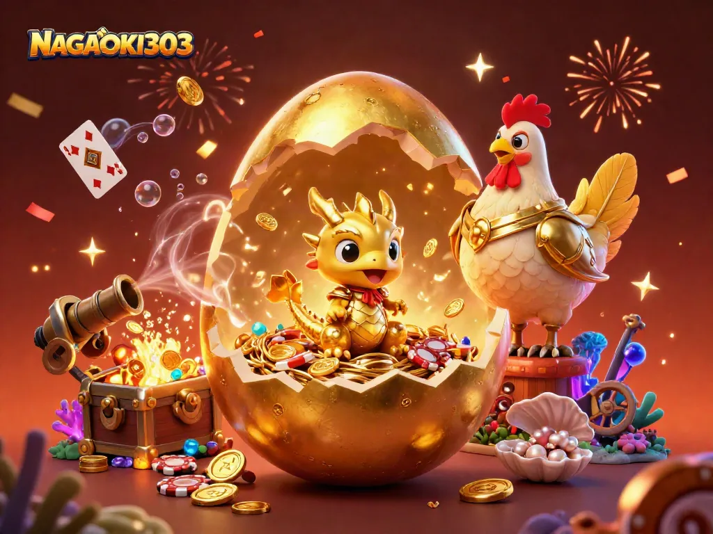Menggairahkan permainan dengan NAGAHOKI303, sarang chip poker, dan naga emas.