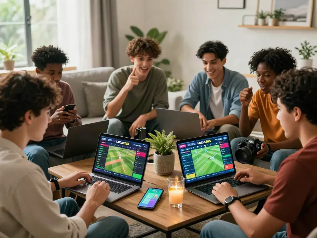 Friends enjoying a dynamic sports betting experience on lotus365 in a lively living room setting.