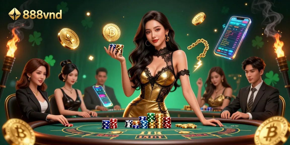 Win big at 888vnd with a photorealistic scene of a glamorous baccarat player surrounded by digital gaming elements.
