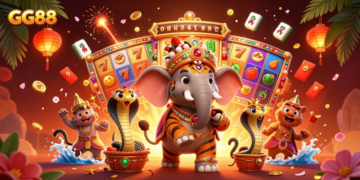Spin to win with GG88's vibrant 3D casino scene of maharaja characters and thrilling slot action.