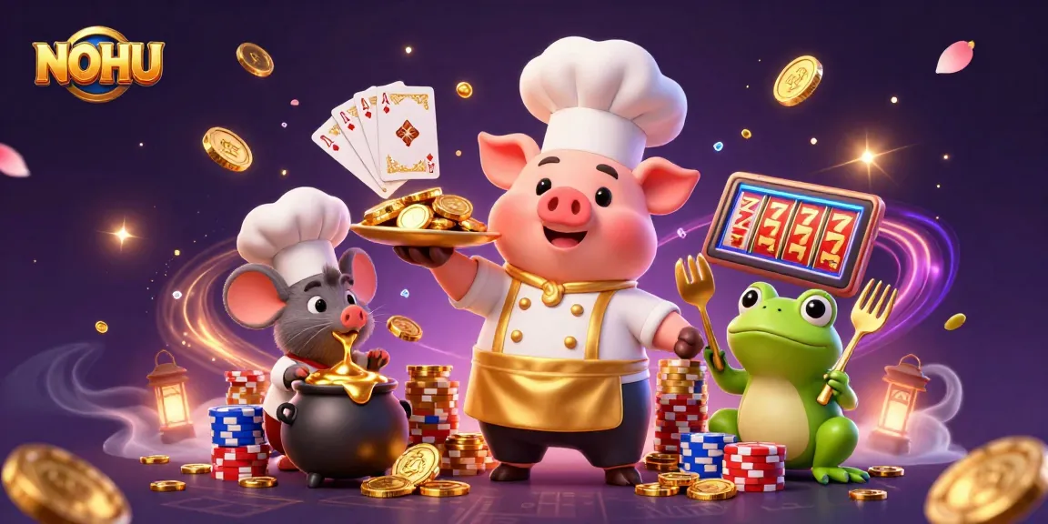 NOHU offers an exciting 3D cartoon scene depicting a pig chef and friends amid cascading gold coins and vibrant casino elements.
