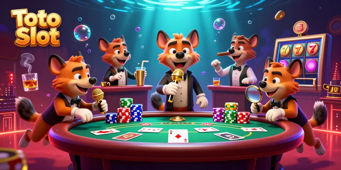 Toto Slot delivers thrilling wins in a bustling casino scene with lively hyenas hosting games.