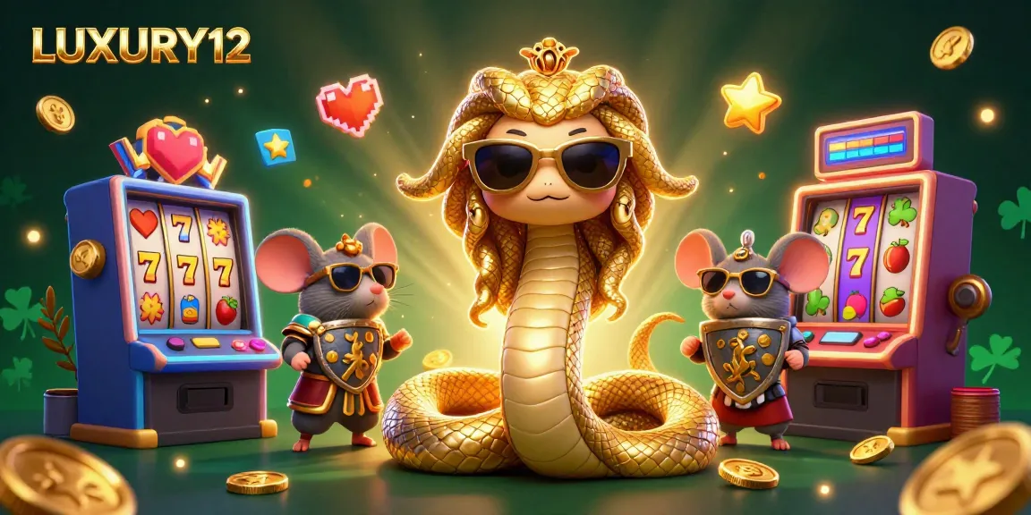 Experience winning with LUXURY12 as Medusa and friends celebrate colorful slot game victories.