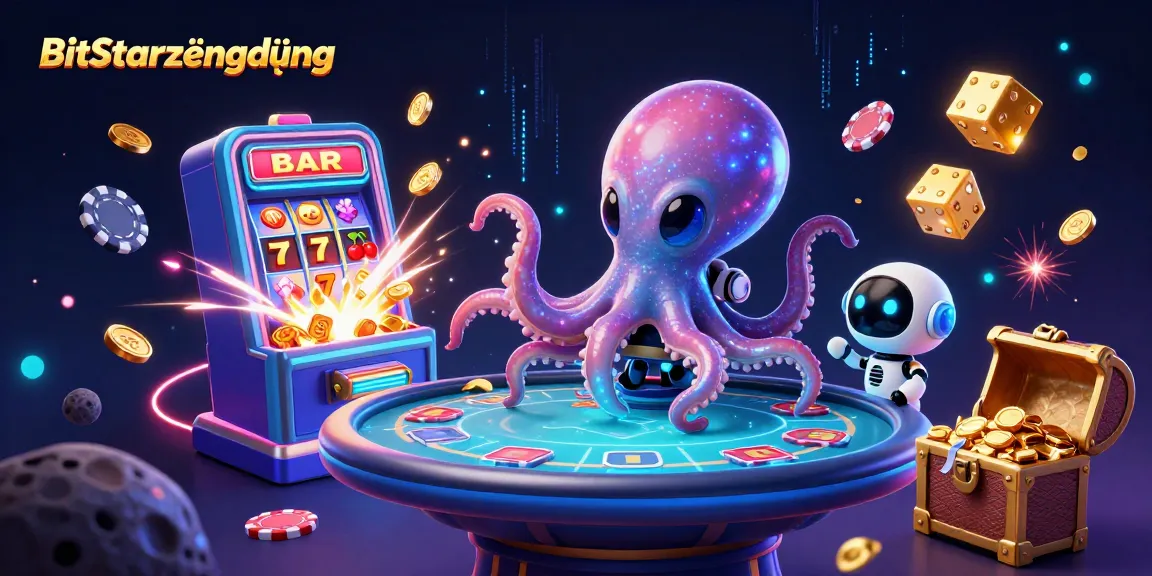 Engage with BitStarzứngdụng, featuring a glowing alien octopus at a holographic poker table amidst a vibrant cosmic casino scene.