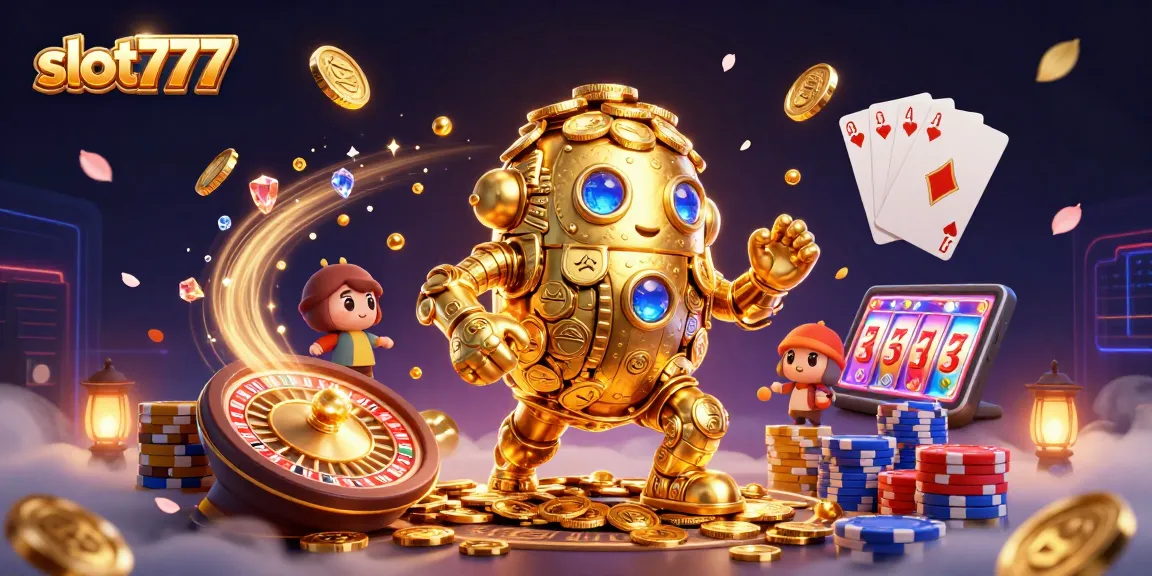Experience excitement with slot777's golden golem among casino elements in this vibrant illustration