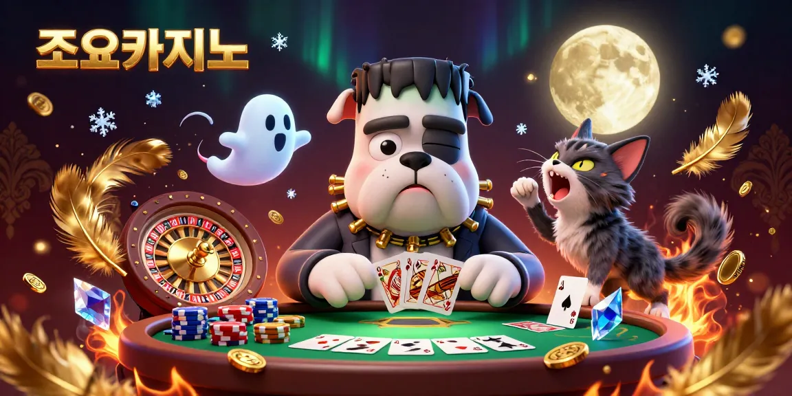 Engage with 조이카지노's live casino atmosphere while a bulldog monster deals cards and playful characters enhance fun.