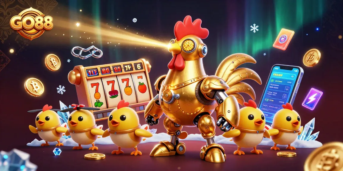Engage with GO88 in this vibrant 3D casino scene featuring the golden rooster robot and slot game elements.