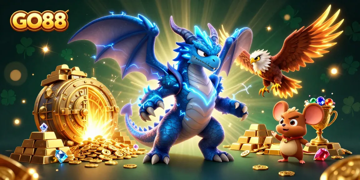 Experience thrilling gameplay at GO88 with dynamic cartoon characters amidst treasure and jackpots.