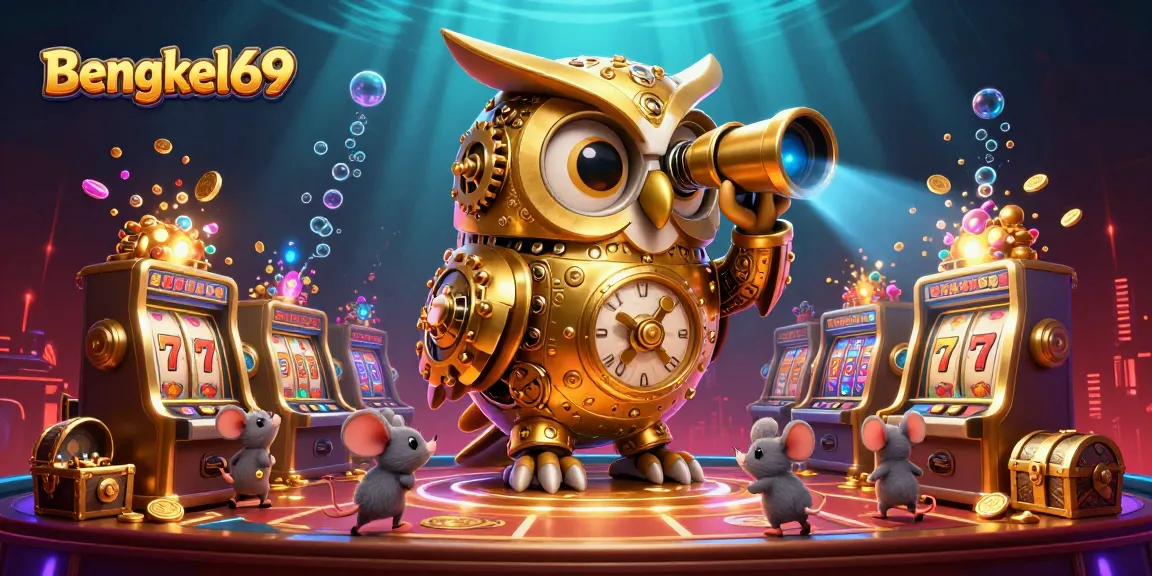 Bengkel69 features an exciting scene with a golden owl overseeing a bustling casino filled with vibrant slot machines and treasure.