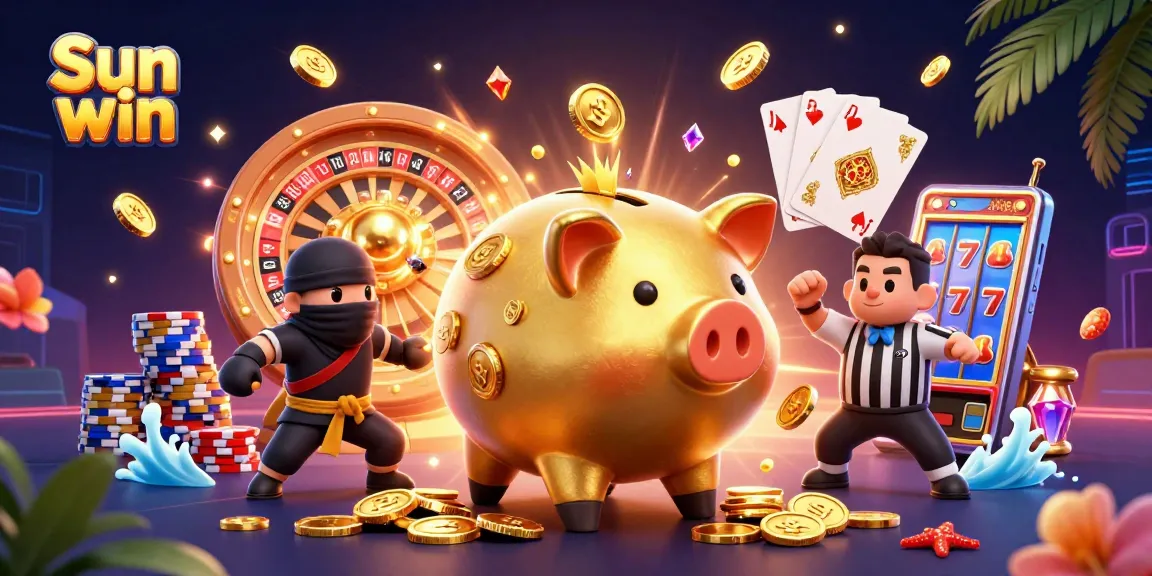 Engage with Sun win's thrilling casino scene featuring a golden piggy bank sumo wrestler and vibrant casino elements.