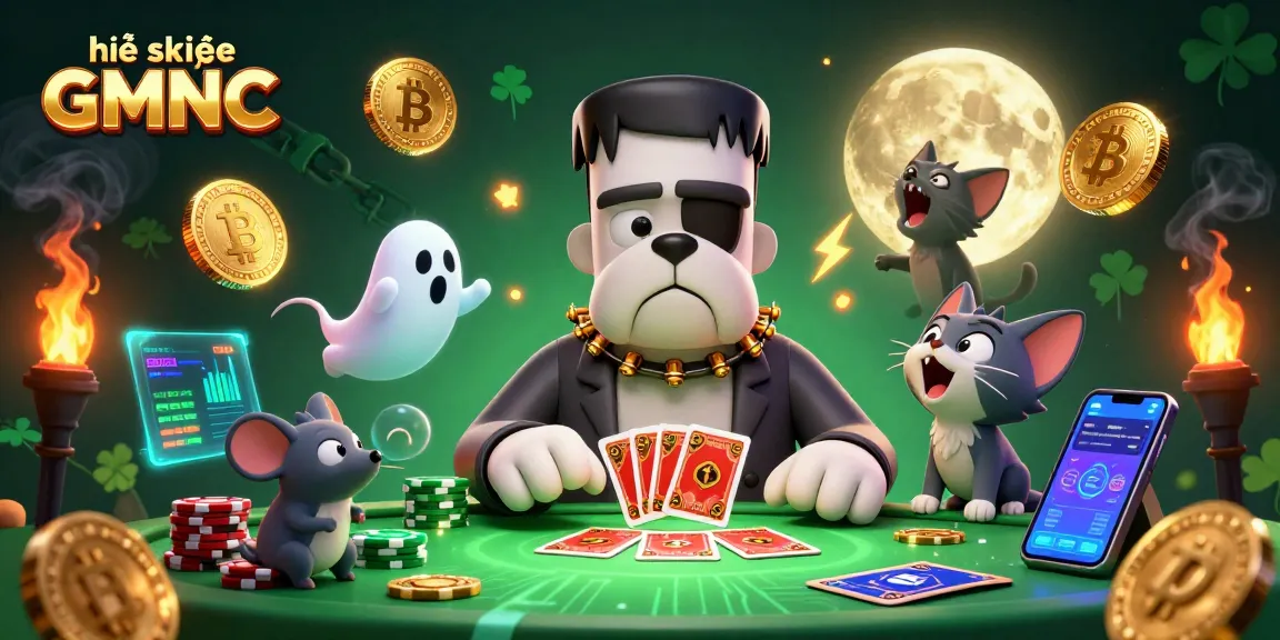Get insights from hệ thống GMNC with a playful scene of a card-dealing bulldog in a casino setting.