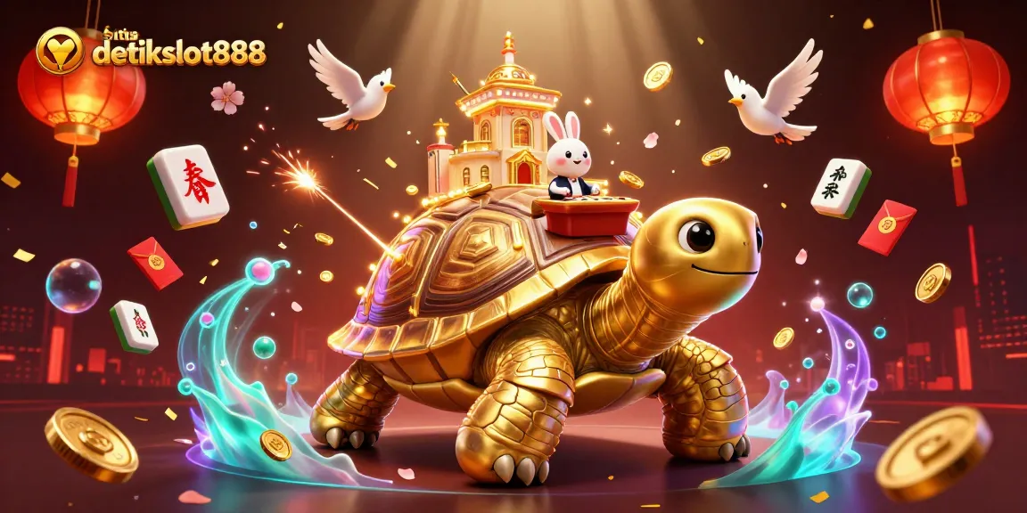 Play the exciting slots at situs detikslot888, featuring a vibrant casino scene with golden tortoise and lucky elements.