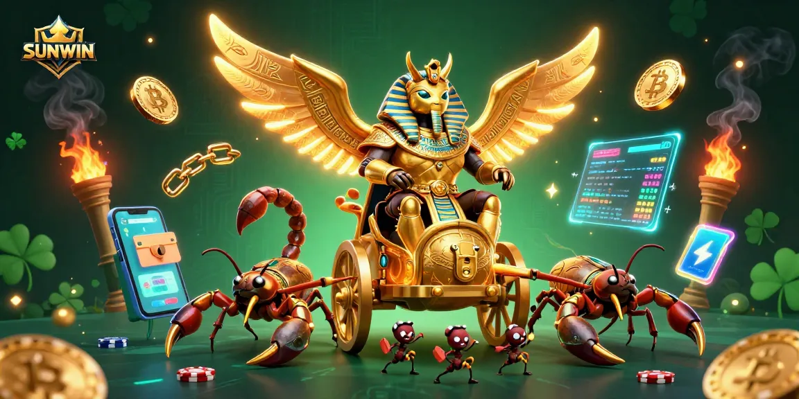 SUNWIN offers an exciting dynamic scene featuring a golden beetle charioteer with crypto elements representing thrilling casino action.