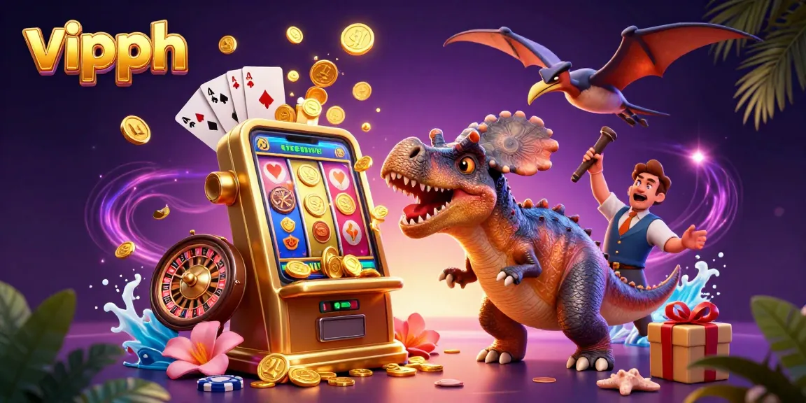 Experience excitement with vipph as a dinosaur celebrates a slot jackpot amidst a vibrant casino scene filled with flying coins.