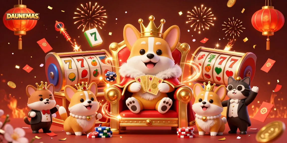 DAUNEMAS celebrates gaming with a royal corgi on poker chips amidst vibrant casino elements.
