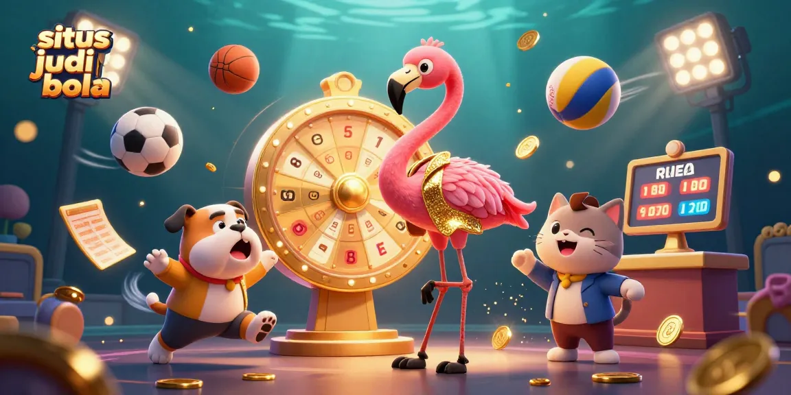 Situs judi bola animated scene with a flamingo host, bulldog contestant, and engaging sports illustrations