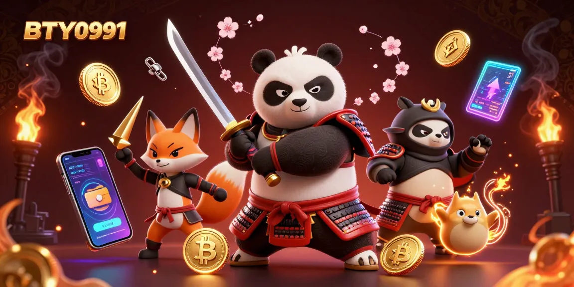 Experience thrilling action with BTY0991 as a fierce samurai panda and ninja fox battle amidst cryptocurrency symbols.