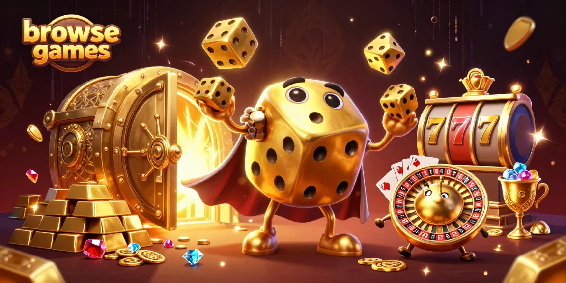 Browse games with a vibrant 3D illustration featuring golden dice and casino treasures.