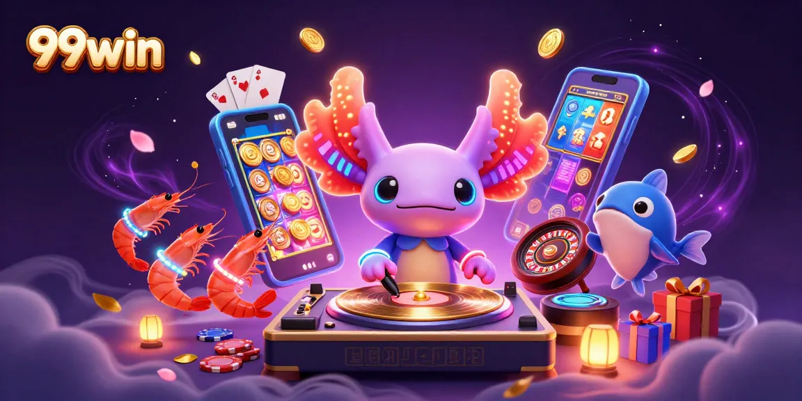 Engage with 99win through a vibrant 3D illustration showcasing an axolotl DJ and animated shrimp, immersed in a lively casino atmosphere.