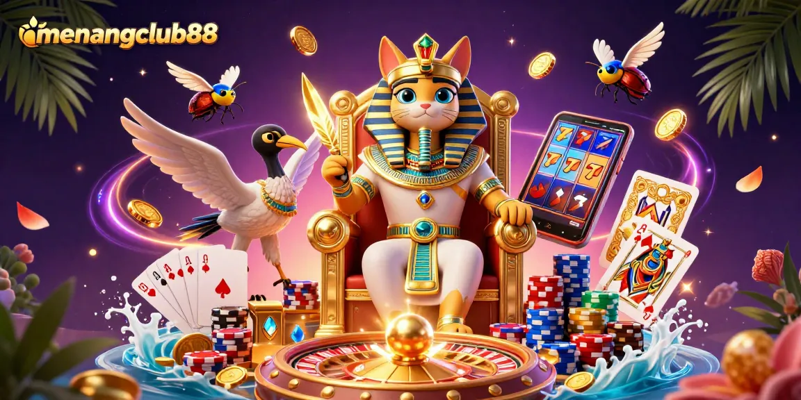 Experience the excitement of menangclub88 with a vibrant 3D casino scene featuring a royal cat and treasures.