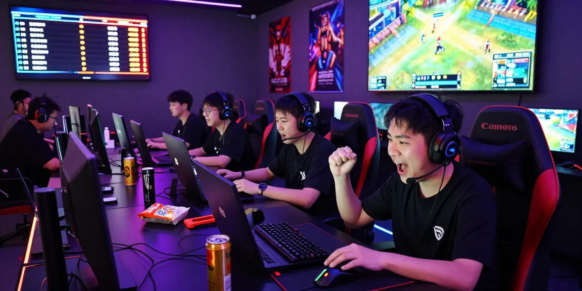 Exciting sunwin gaming lounge scene with players engaged in gameplay, colorful lights, and gaming accessories, showcasing the dynamic atmosphere.